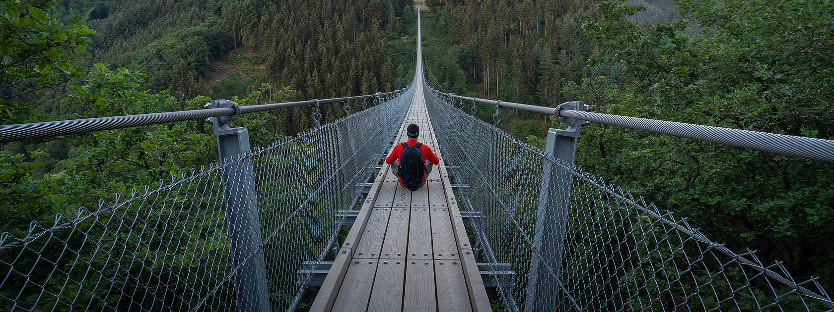 Das Bild zeigt eine Person die mittig auf der Hängeseilbrücke Geierlay sitzt. Rund um die Brücke befindet sich tiefgrünes Waldgebiet.