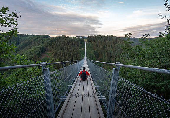 Das Bild zeigt eine Person die mittig auf der Hängeseilbrücke Geierlay sitzt. Rund um die Brücke befindet sich tiefgrünes Waldgebiet.