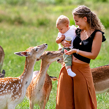 Das Bild zeigt eine Mutter mit ihren kleinen Baby auf dem Arm. Neben ihnen stehen Rehe.