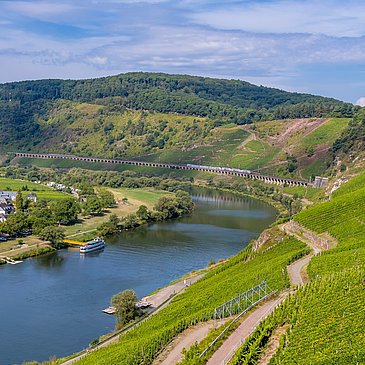 Blick auf den Weinort Pünderich und das Eisenbahnviadukt